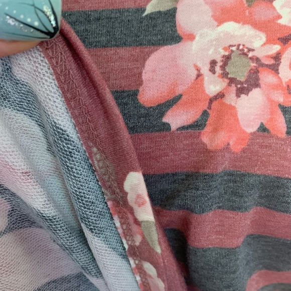 Mauve Pink Floral Stripe Print Slub Shoulders Top - Picture 6 of 9